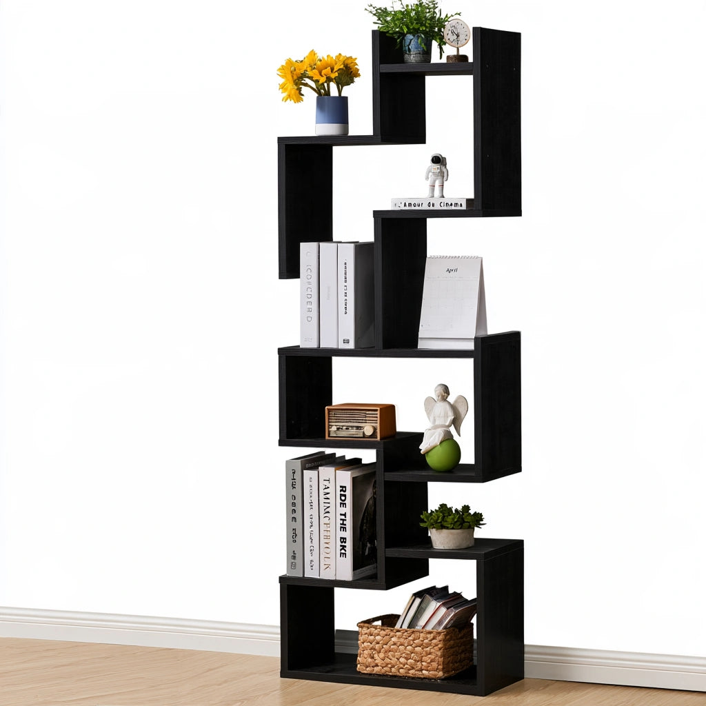Libreria a più ripiani in legno a sei livelli, colore nero