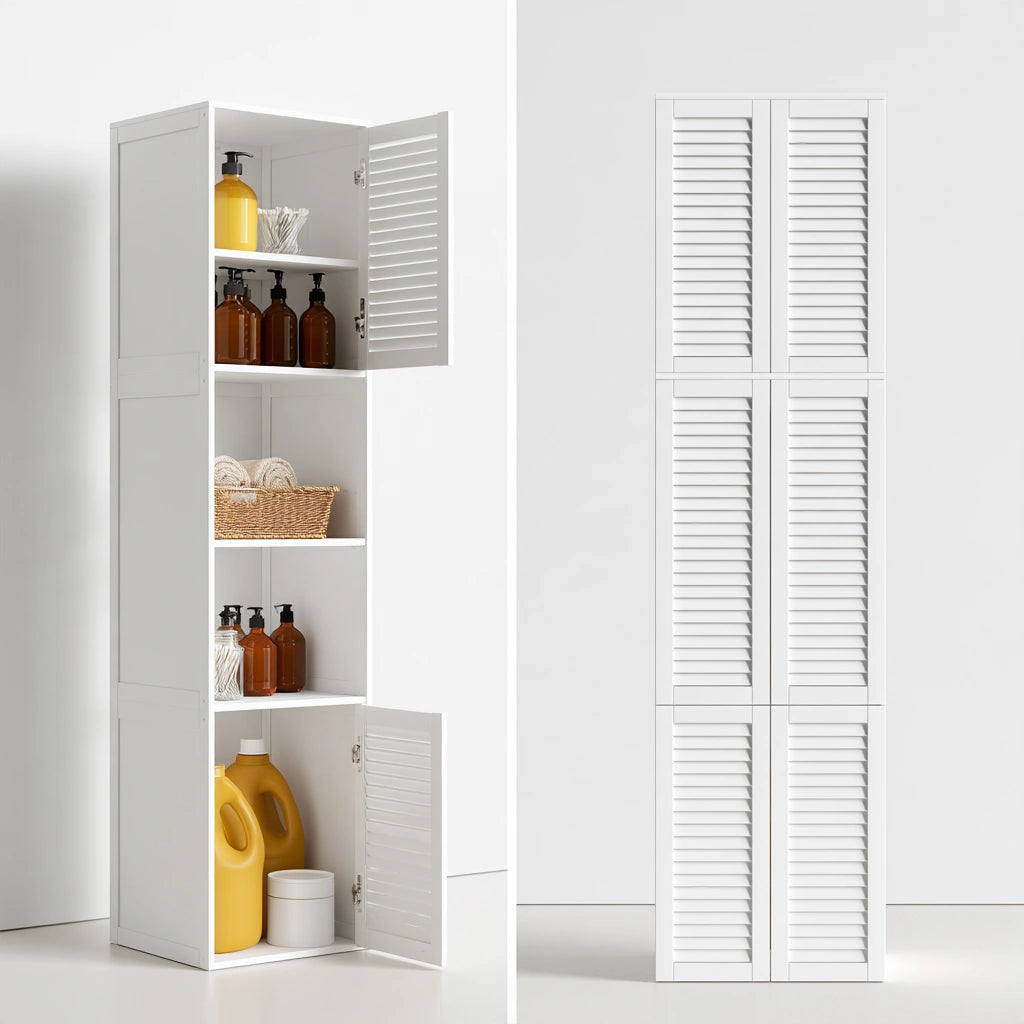 Colonna contenitore da bagno dalle linee essenziali, colore bianco