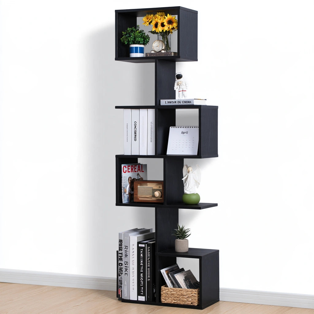 Libreria a più ripiani in legno a sei livelli, colore nero