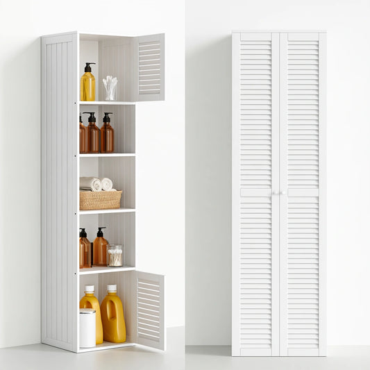Colonna contenitore da bagno dalle linee essenziali, colore bianco